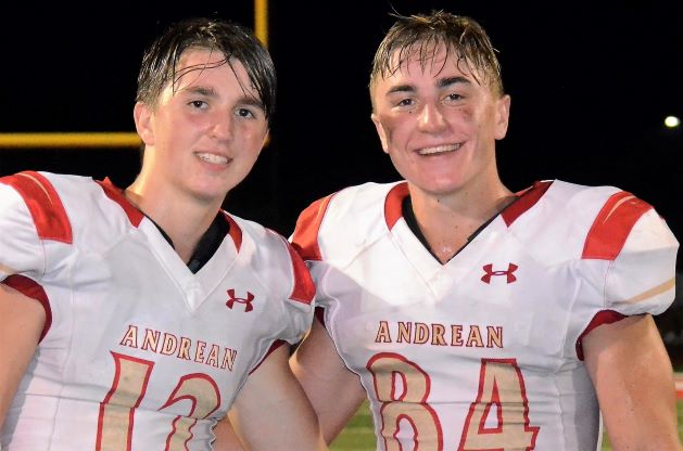 soph QB Scott Ballentine (12) and senior WR Robert Ballentine (84) 8-27-21 - Andrean at CP - 3.jpg